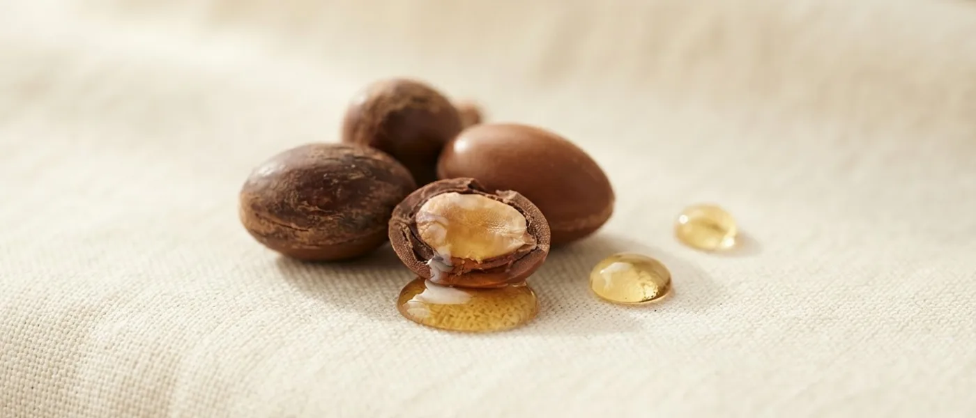 Amêndoas de argan abertas e gotas de óleo dourado sobre tecido de linho ivory